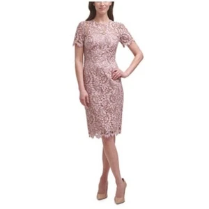 Eliza J Floral Lace Short Sleeve Sheath Midi Dress Formal Cocktail Pink 14 - Picture 1 of 9