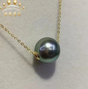 AAAAA  9-10mm real natural Tahitian Black round pearl pendant 18k 18" - Picture 1 of 2