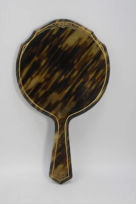 Antique Victorian Faux Tortoise Shell Celluloid Large Handled Mirror Vanity 10" - Image 1 of 4