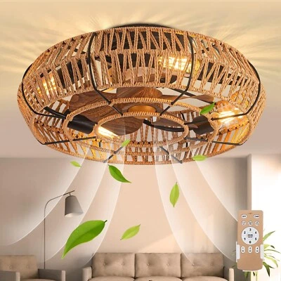 19" Farmhouse Boho Flush Mount 6 Speed Ceiling Fan Light with Remote, Reversible - Image 1 of 4