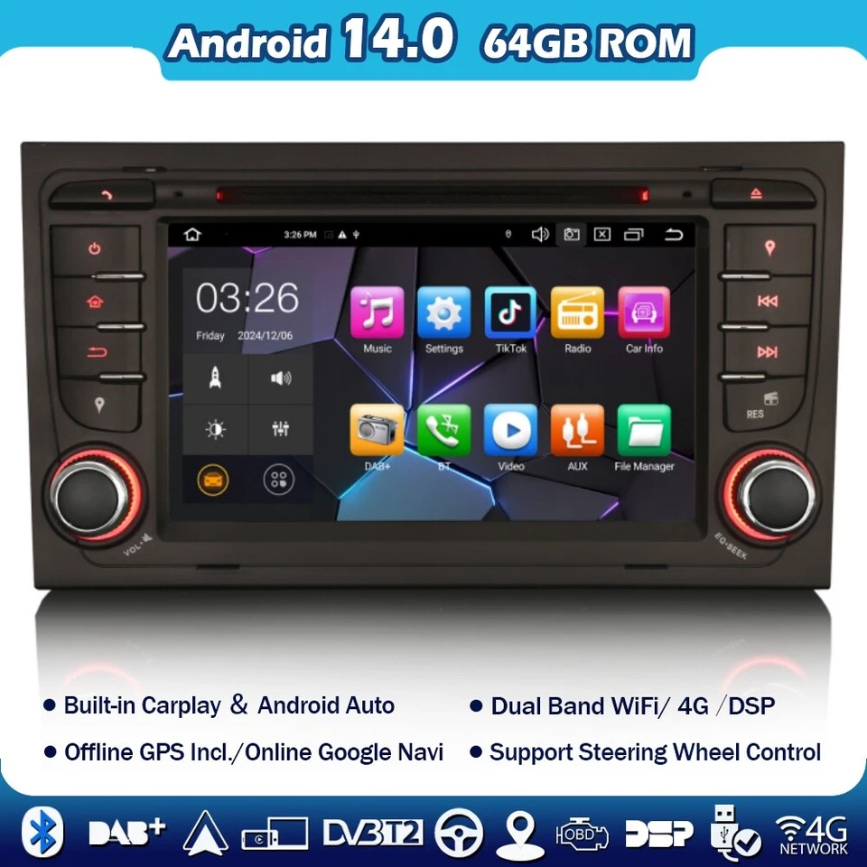 8-Core Android 14 Car Stereo Head Unit SatNav DAB+CarPlay For AUDI A4 SEAT EXEO - Image 1 of 4