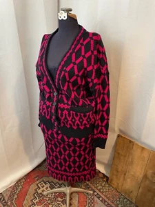 1980s Cardigan Sweater Skirt Dress Set Hot Pink Black Graphic New Wave M - Picture 1 of 7