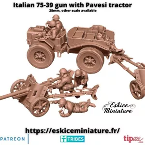 15mm 20mm 28mm WW2 italiano 75/39 At gun + trattore Pavesi azione bullone stampato 3d - Foto 1 di 2