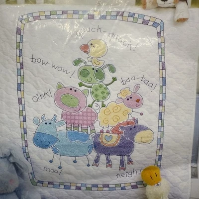NEW Dimensions Farm Friends Baby Quilt 73258 Stamped Cross Stitch Kit 34"x43" - Image 1 of 4