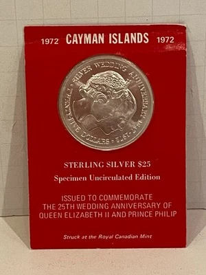 1972 Cayman $25 silver 25th Wedding coin Elizabeth and Philip - Image 1 of 2