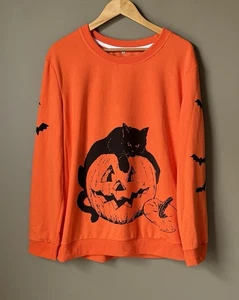Halloween Sweatshirt 2XL Pumpkin Cat Bats Orange Fall Stretch Crew Neck - Picture 1 of 9