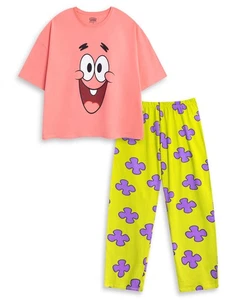 SpongeBob SquarePants Pink Patrick Short Sleeve Long Leg Pyjama Set Womens - Picture 1 of 11