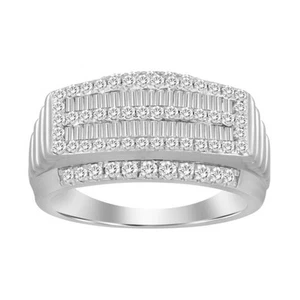Men's Ring 1.00ct Natural Round Baguette Diamond 10k White Gold - Picture 1 of 1
