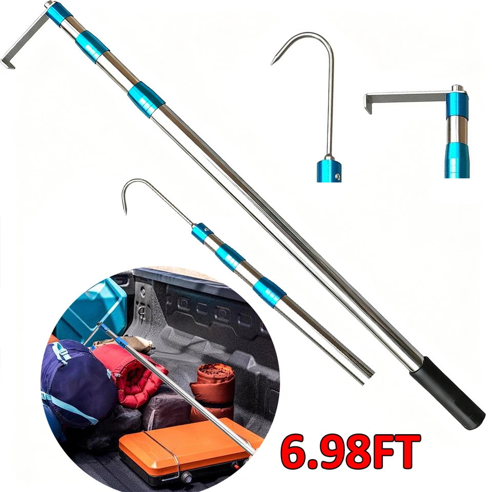 7Ft Truck Cargo Grabber Reach Retriever Tool with Two Hook Pickup Bed Heavy Duty