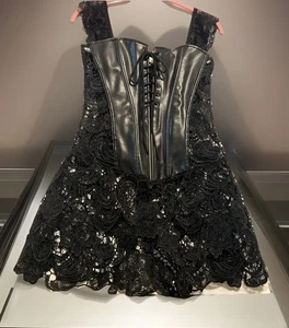 Dream Girl Corset Dress Women 32 Black Faux Leather Lace Sexi Romance Fairygoth - Picture 1 of 11