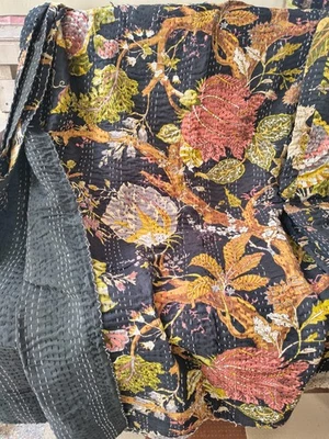 Indian Handmade Black Bedspread Kantha Quilt Block Print Throw King Size Blanket - Image 1 of 4