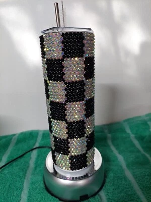 Handmade Black & White Check Glass Rhinestone Tumbler Bling Stainless Steel 20oz - Image 1 of 2