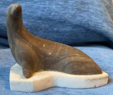 Hand Carved Wood Seal On Marble Base Figurine