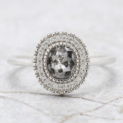 0.79 Ct Oval Cut Salt And Pepper Diamond Ring 14K Rose Gold Engagement Gift Ring - Image 1 of 4