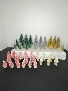 Lot 59 Bottle Brush Christmas Trees Flocked Green Pink Beige Glitter Mixed Small - Picture 1 of 18