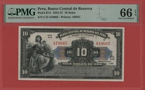 PERU 10 SOLES 1941 PICK # 67A PMG 66 GEM UNCIRCULATED EPQ. - Imagen 1 de 2