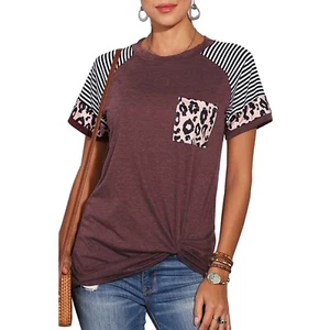 Colorblock Striped Leopard Print Casual Round Neck Shirt Short Sleeve Top Small - Picture 1 of 4
