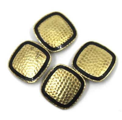 Hammered Button Square Cufflinks with Black Enamel in 14k Solid Yellow Gold Vtg - Image 1 of 4