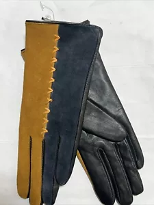 Rene’s Real Leather Gloves Women Suede 2 Tone Beige Blue Black S Winter Warm - Picture 1 of 2