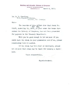 1911 D.C. ODDITY! US LIBRARY of CONGRESS LETTER re: UNCASHED 45c CHECK FOR BOOKS - Picture 1 of 2