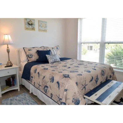 NUEVO JUEGO DE EDREDÓN TROPICAL BLANCO COSTA NÁUTICA BARCO CORAL MAR CAPARAZÓN PLAYA AZUL MARINO Foto 1 de 4