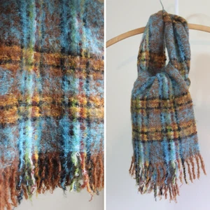 9 X 58 Fringed Scarf Plaid Mohair Boucle Wool Vintage 60s Lodge Brown Blue Gold - Picture 1 of 8