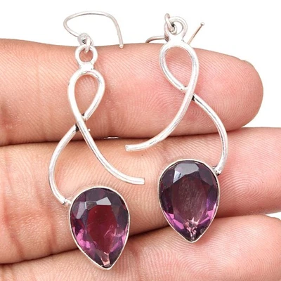 Amethyst Quartz Gemstone Handmade Silver Jewelry Earrings 1.5'' - Image 1 of 4