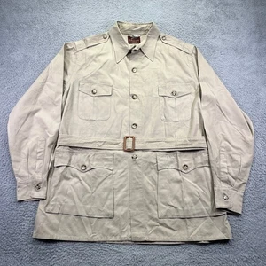 Willis Geiger Safari Jacket Men 46 L Tan Hemmingway Bush Poplin Utility Epaulets - Picture 1 of 10