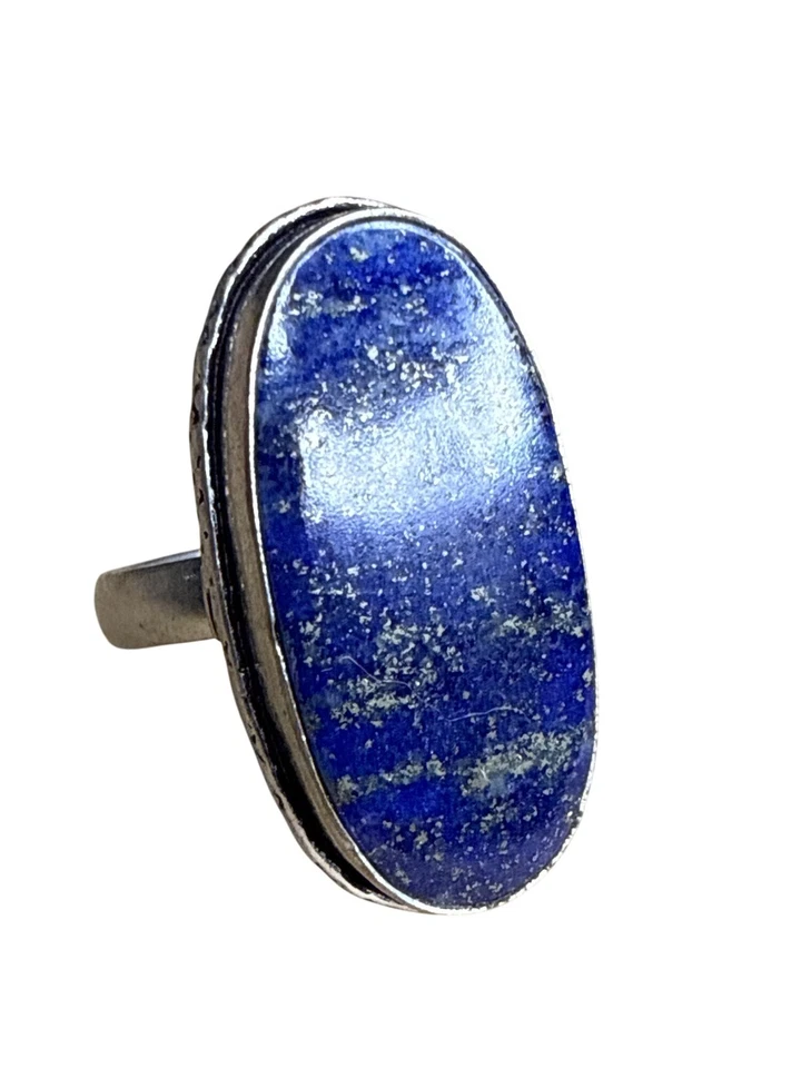 Овальное кольцо из стерлингового серебра с лазуритом размер 9 ювелирные изделия бохо ручной работы - Изображение 1 из 4