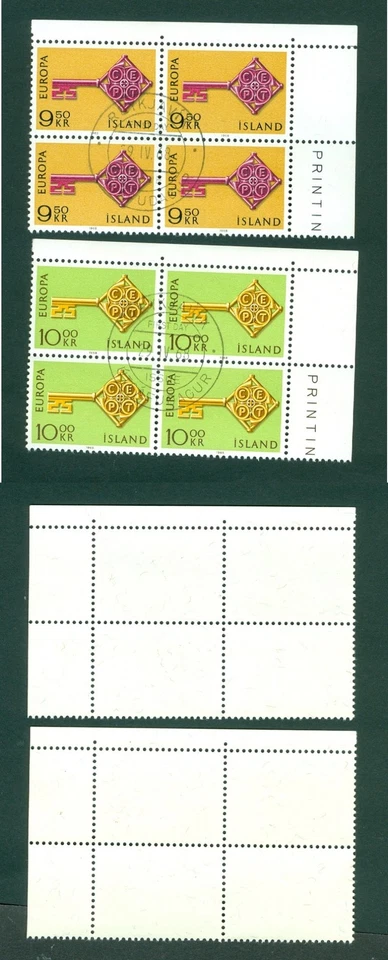 Iceland. 1968. 2 Corner 4-Blocks. Europa. CEPT. Key. FD. Cancel. Scott# 395-396. - Image 1 of 1