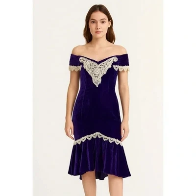 Betsy & Adam x винтажный 80-х фиолетовый бархат атласной кружева отделки с плеча платье - Изображение 1 из 4