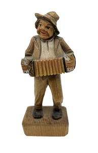 Handgeschnitzte 4" Holz Musiker Akkordeon Spieler Figur Volkskunst Vintage - Bild 1 von 9