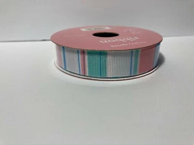 Peach Green Blue Ribbed Stripe Ribbon 2 Rolls 5/8" 9' Nicole Trim Craft Spring - Image 1 of 4