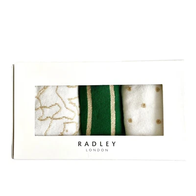 Conjunto de 3 calcetines para mujer mezcla tobillo algodón Radley verde y dorado en caja  Foto 1 de 3