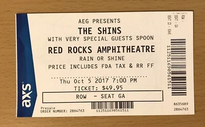 2017 THE SHINS RED ROCKS COLORADO CONCERT TICKET STUB CHUTES TOO NARROW NW SLANG - Image 1 of 2