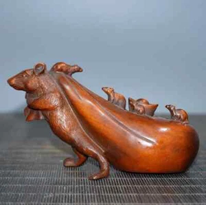 Boxwood Hand Carved wealth bag mouse Animal Figure Statue desk Decoration - Picture 1 of 9