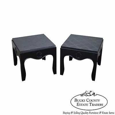 Mid Century Pair of Ebonized Black Low Slate Top Side Tables - Image 1 of 4