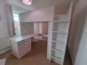 White/Pink IKEA Smastad Loft Bunk Bed with desk, wardrobe and drawers - Picture 1 of 21