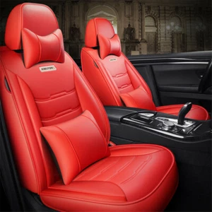 Universal Red PU Leather 5 Seats Car Seat Covers Front+Rear Full Set Cushions - Picture 1 of 11