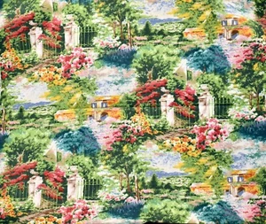 Monet's Countryside Garden,#8664 Cotton,Lush Colorful Garden,Iron Gate,44"x36" - Picture 1 of 2