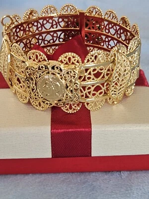 Pulseira de moedas folheada a ouro 24kt pulseira DUBAI JOIA INDIANA AFRICANA MOEDA LIRA  - Imagem 1 de 4