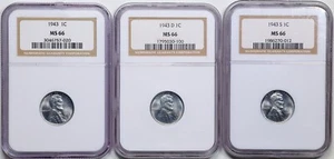1943-P,D,S 1C 3-Coin Set Lincoln Steel Cent MS66 NGC 3046757-020 - Picture 1 of 2