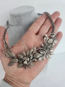 Htf Rare SURKESA Art Deco Bib Necklace 3D Fower Floral Silver Tone Natural Fairy - Picture 1 of 9