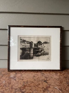 ANTIQUE DRYPOINT B &W ETCHING 1925 FIRENZE PONTE VECCHIO LISTED ARTIST BELA KRON - Picture 1 of 24