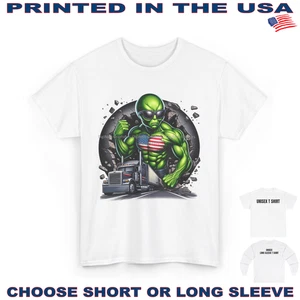 Digirods Green Alien All American Trucker Big Rig 18 Wheeler Cartoon Car T Shirt - Picture 1 of 6