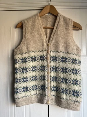Hand Knitted Sweater Vest Small Beige Blue Sleeveless Fair Isle Cardigan Jumper - Image 1 of 4