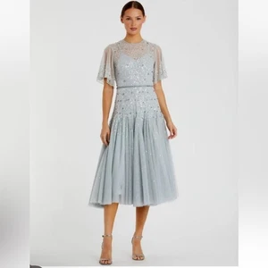 Vestido Mac Duggal Azul Claro Manga Acampanada Midi Godet Acampanado Cuentas 93655 Talla 14 - Imagen 1 de 8