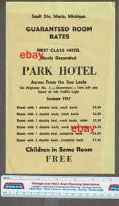 Vintage 1957 PARK HOTEL Ad/FLYER ~ Sault Ste. Marie, MI. ~ ROOM RATES~Soo Locks - Picture 1 of 1