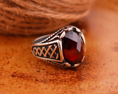 Mens Real 925 Sterling Silver Simulated Ruby Red Gem Stone Statement Ring - Image 1 of 4