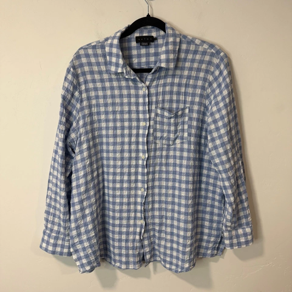 Hatch Women's The Boyfriend Button Down Shirt Plaid Blue White Cotton 3 (L/XL)  - Image 1 of 4